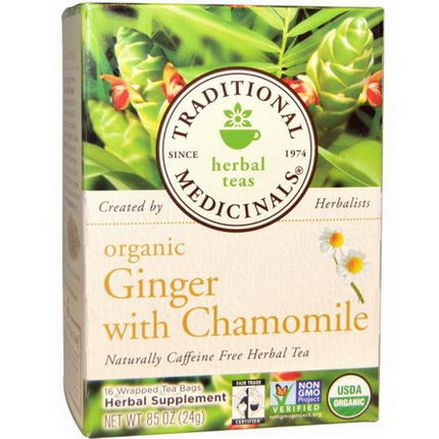 Traditional Medicinals, Herbal Teas, Organic Ginger with Chamomile, Caffeine Free, 16 Wrapped Tea Bags 24g