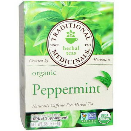 Traditional Medicinals, Herbal Teas, Organic Peppermint, Caffeine Free, 16 Wrapped Tea Bags 24g