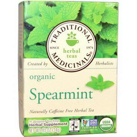 Traditional Medicinals, Herbal Teas, Organic Spearmint, Caffeine Free, 16 Wrapped Tea Bags 24g