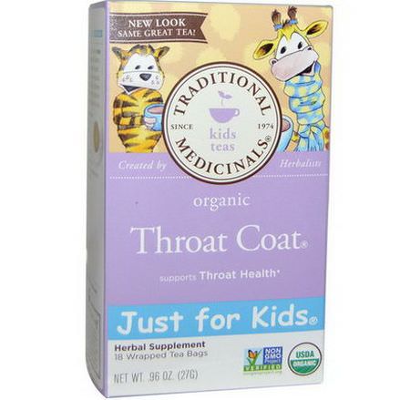 Traditional Medicinals, Just for Kids, Organic Throat Coat, Naturally Caffeine Free Herbal Tea, 18 Wrapped Tea Bags 27g