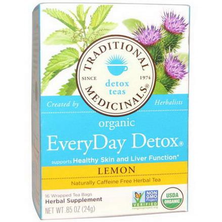 Traditional Medicinals, Organic EveryDay Detox Tea, Lemon, Caffeine Free, 16 Wrapped Tea Bags 24g