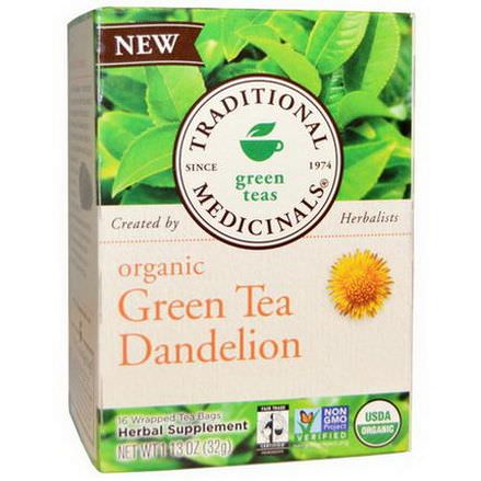 Traditional Medicinals, Organic Green Tea Dandelion, Caffeine Free, 16 Wrapped Tea Bags 32g