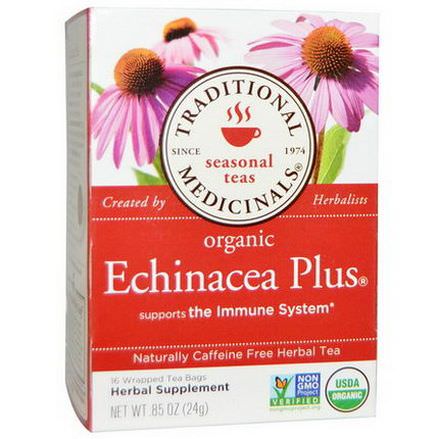 Traditional Medicinals, Seasonal Teas, Organic Echinacea Plus, Caffeine Free, 16 Wrapped Tea Bags 24g