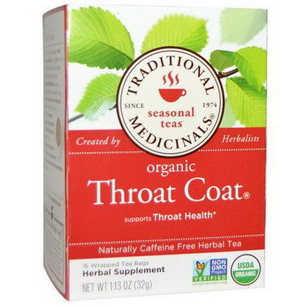 Traditional Medicinals, Seasonal Teas, Organic Throat Coat, Caffeine Free, 16 Wrapped Tea Bags 32g
