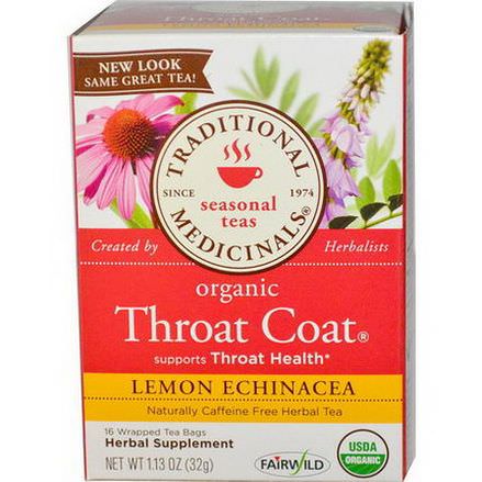 Traditional Medicinals, Seasonal Teas, Organic Throat Coat, Caffeine Free, Lemon Echinacea, 16 Wrapped Tea Bags 32g