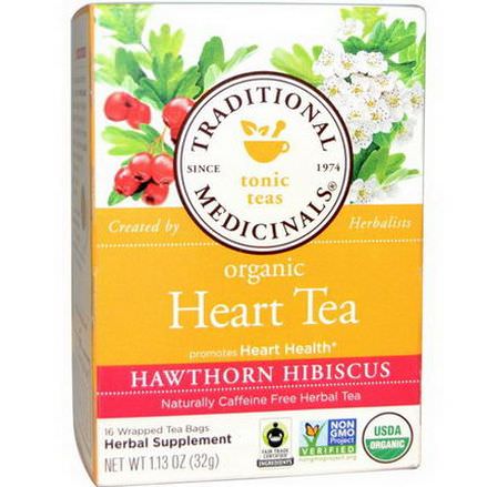 Traditional Medicinals, Tonic Teas, Organic Heart Tea, Hawthorn Hibiscus, Caffeine Free, 16 Wrapped Tea Bags 32g
