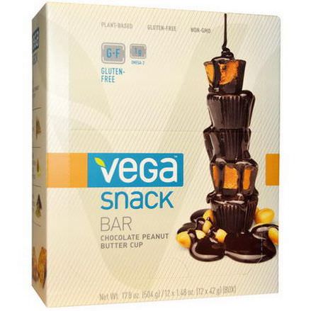 Vega, Snack Bar, Chocolate Peanut Butter Cup, 12 Bars 42g Each