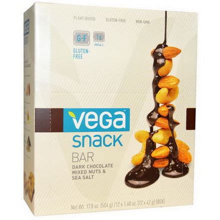 Vega, Snack Bar, Dark Chocolate Mixed Nuts&Sea Salt, 12 Bars 42g Each