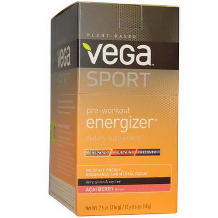 Vega, Sport, Pre-Workout Energizer, Acai Berry Flavor, 12 Packs 18g Each