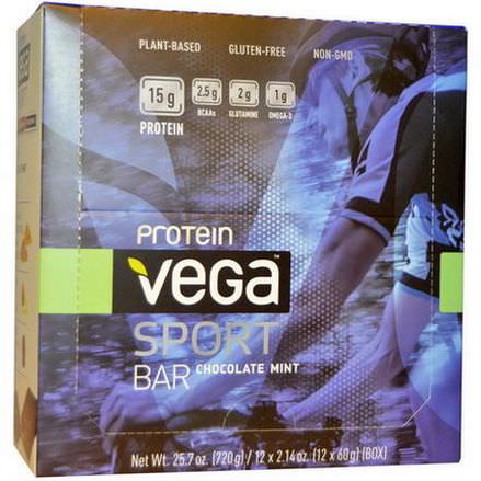 Vega, Sport Protein Bar, Chocolate Mint, 12 Bars 60g Each