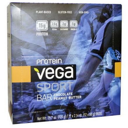 Vega, Sport Protein Bar, Chocolate Peanut Butter, 12 Bars 60g Each