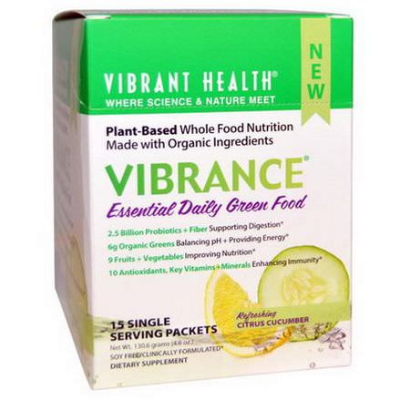 Vibrant Health, Vibrance, Essential Daily Green Food, Refreshing Citrus Cucumber, 15 Single Serving Packets, 8.707g Each