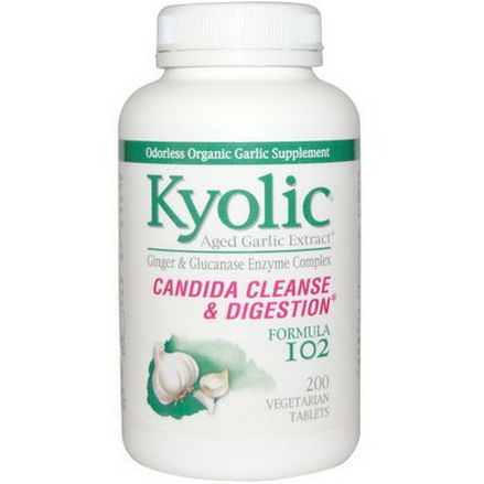 Wakunaga - Kyolic, Formula 102, Aged Garlic Extract, Candida Cleanse&Digestion, 200 Veggie Tabs