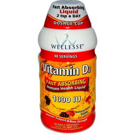 Wellesse Premium Liquid Supplements, Vitamin D3, Natural Berry Flavor, 1000 IU 480ml