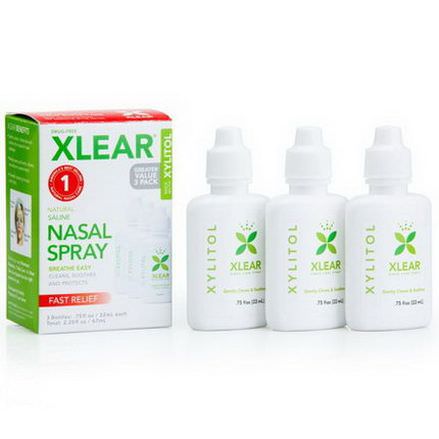 Xlear Inc Xclear, Xylitol, Natural Saline Nasal Spray, 3 Bottles 22ml Each