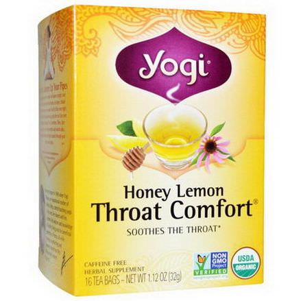 Yogi Tea, Organic, Throat Comfort, Honey Lemon, Caffeine Free, 16 Tea Bags 32g