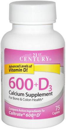 600+D3, Calcium Supplement, 75 Caplets by 21st Century-Kosttillskott, Mineraler, Kalcium Vitamin D