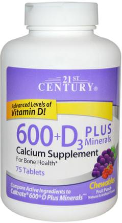600+D3 Plus Minerals Chewables, Fruit Punch, 75 Tablets by 21st Century-Kosttillskott, Mineraler, Kalcium Vitamin D