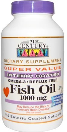 Fish Oil, 1000 mg, 180 Enteric Coated Softgels by 21st Century-Kosttillskott, Efa Omega 3 6 9 (Epa Dha), Fiskolja, Mjölkgjorda Fiskoljor