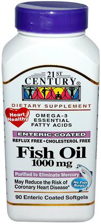 Fish Oil, 1000 mg, 90 Enteric Coated Softgels by 21st Century-Kosttillskott, Efa Omega 3 6 9 (Epa Dha), Fiskolja, Mjölkgjorda Fiskoljor