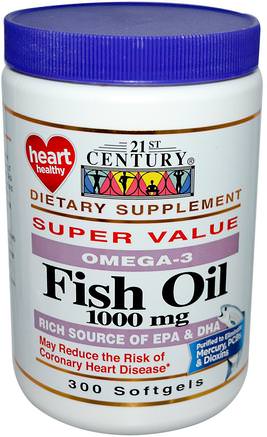 Fish Oil, Omega-3, 1000 mg, 300 Softgels by 21st Century-Kosttillskott, Efa Omega 3 6 9 (Epa Dha), Fiskolja, Mjölkgjorda Fiskoljor