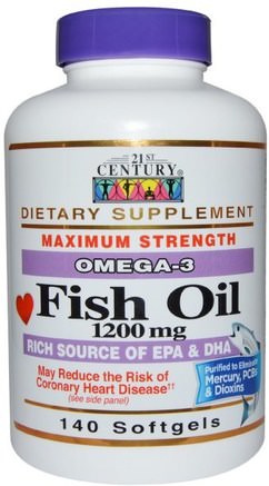 Fish Oil, Omega-3, Maximum Strength, 1200 mg, 140 Softgels by 21st Century-Kosttillskott, Efa Omega 3 6 9 (Epa Dha), Fiskolja, Mjölkgjorda Fiskoljor