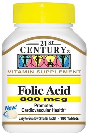 Folic Acid, 800 mcg, 180 Tablets by 21st Century-Vitaminer, Folsyra