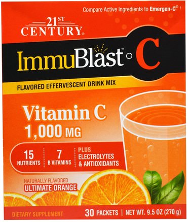ImmuBlast-C, Effervescent Drink Mix, Ultimate Orange, 1.000 mg, 30 Packets.317 oz (9 g) Each by 21st Century-Vitaminer, Vitamin C, Kall Influensa Och Virus, Immunsystem