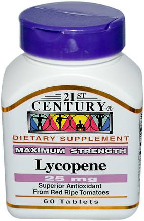 Lycopene, Maximum Strength, 25 mg, 60 Tablets by 21st Century-Kosttillskott, Antioxidanter, Lykopen