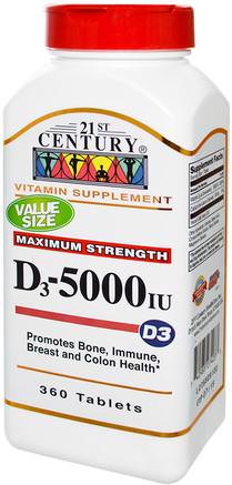 Vitamin D3, 5000 IU, 360 Tablets by 21st Century-Vitaminer, Vitamin D3