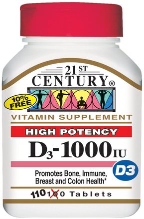 Vitamin D3, High Potency, 1000 IU, 110 Tablets by 21st Century-Vitamin D3