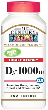 Vitamin D3 High Potency, 1000 IU, 500 Tablets by 21st Century-Vitaminer, Vitamin D3