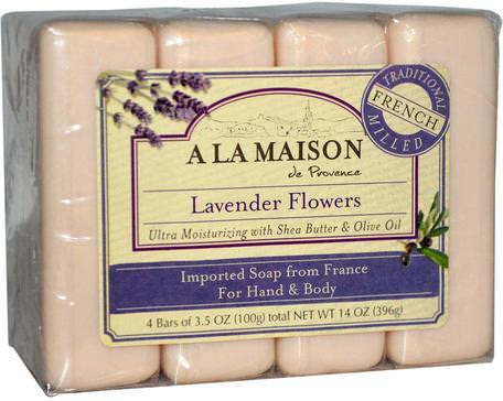 Hand & Body Bar Soap, Lavender Flowers, 4 Bars, 3.5 oz (100 g) Each by A La Maison de Provence-Bad, Skönhet, Tvål
