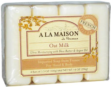 Hand & Body Bar Soap, Oat Milk, 4 Bars, 3.5 oz (100 g) Each by A La Maison de Provence-Bad, Skönhet, Argan Bad, Tvål