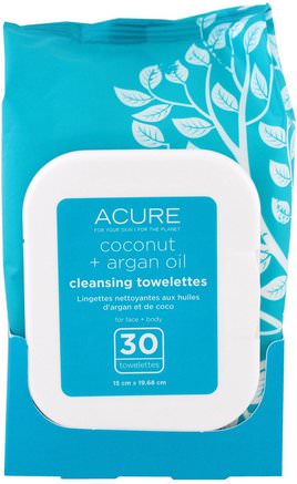 Cleansing Towelettes, Coconut + Argan Oil, 30 Towelettes by Acure Organics-Skönhet, Ansiktsvård, Ansiktsservetter