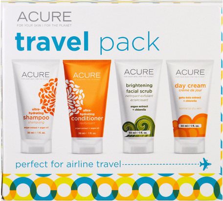 Travel Pack, Shampoo, Conditioner, Brightening Facial Scrub, Day Cream, 4 Pack, 1 oz (30 ml) Each by Acure Organics-Bad, Skönhet, Schampo
