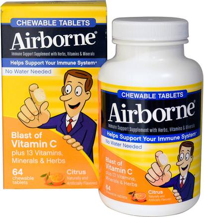 Blast of Vitamin C, Citrus, 64 Chewable Tablets by AirBorne-Hälsa, Kall Influensa Och Virus, Immunförsvar