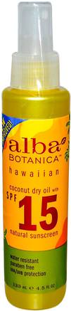 Coconut Dry Oil, Natural Sunscreen, SPF 15, 4.5 fl oz (133 ml) by Alba Botanica-Bad, Skönhet, Solskyddsmedel, Spf 05-25, Alba Botanica Hawaiian Linje