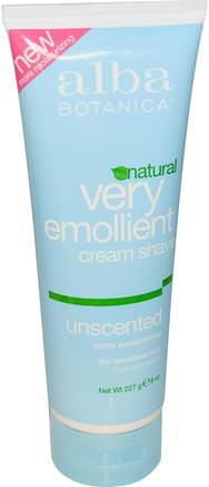 Natural Very Emollient, Cream Shave, Unscented, 8 oz (227 g) by Alba Botanica-Bad, Skönhet, Barberkräm