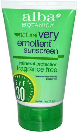 Natural Very Emollient, Sunscreen, Fragrance Free, SPF 30, 4 oz (113 g) by Alba Botanica-Bad, Skönhet, Solskyddsmedel, Spf 30-45