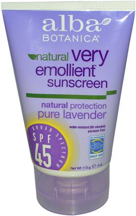 Natural Very Emollient, Sunscreen, Pure Lavender, SPF 45, 4 oz (113 g) by Alba Botanica-Bad, Skönhet, Solskyddsmedel, Spf 30-45