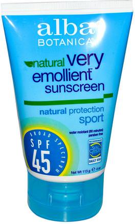 Natural Very Emollient, Sunscreen, Sport, SPF 45, 4 oz (113g) by Alba Botanica-Bad, Skönhet, Solskyddsmedel, Spf 30-45