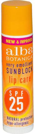 Very Emollient, Sunblock, Lip Care, SPF 25.15 oz (4.2 g) by Alba Botanica-Bad, Skönhet, Läppvård, Läppbalsam