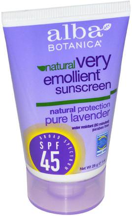 Natural Very Emollient, Sunscreen, SPF 45, Pure Lavender, 1 oz (28 g) by Alba Botanica-Bad, Skönhet, Solskyddsmedel, Spf 30-45
