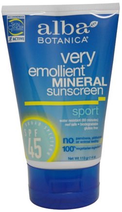 Very Emollient Sunscreen, Sport Mineral Protection, SPF 45, 4 oz (113 g) by Alba Botanica-Bad, Skönhet, Solskyddsmedel, Spf 30-45