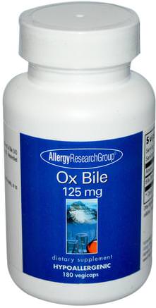 Ox Bile, 125 mg, 180 Vegicaps by Allergy Research Group-Kosttillskott, Nötkreaturprodukter, Enzymer, Gallsyra