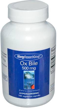 Ox Bile, 500 mg, 100 Vegetarian Capsules by Allergy Research Group-Kosttillskott, Nötkreaturprodukter, Enzymer, Gallsyra