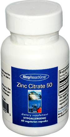 Zinc Citrate 50, 60 Veggie Caps by Allergy Research Group-Kosttillskott, Mineraler, Zink