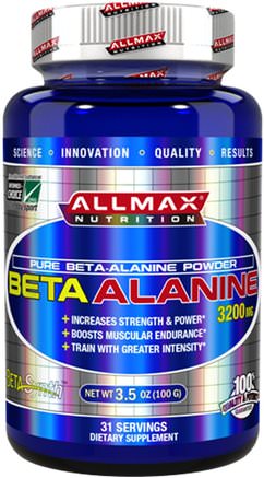 100% Pure Beta-Alanine Maximum Strength + Absorption, 3200 mg, 3.5 oz (100 g) by ALLMAX Nutrition-Kosttillskott, Anabola Kosttillskott, Sport