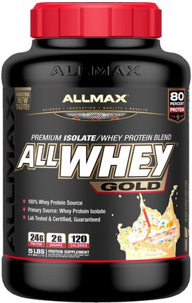 AllWhey Gold, 100% Whey Protein + Premium Whey Protein Isolate, Birthday Cake, 5 lbs (2.27 kg) by ALLMAX Nutrition-Sporter